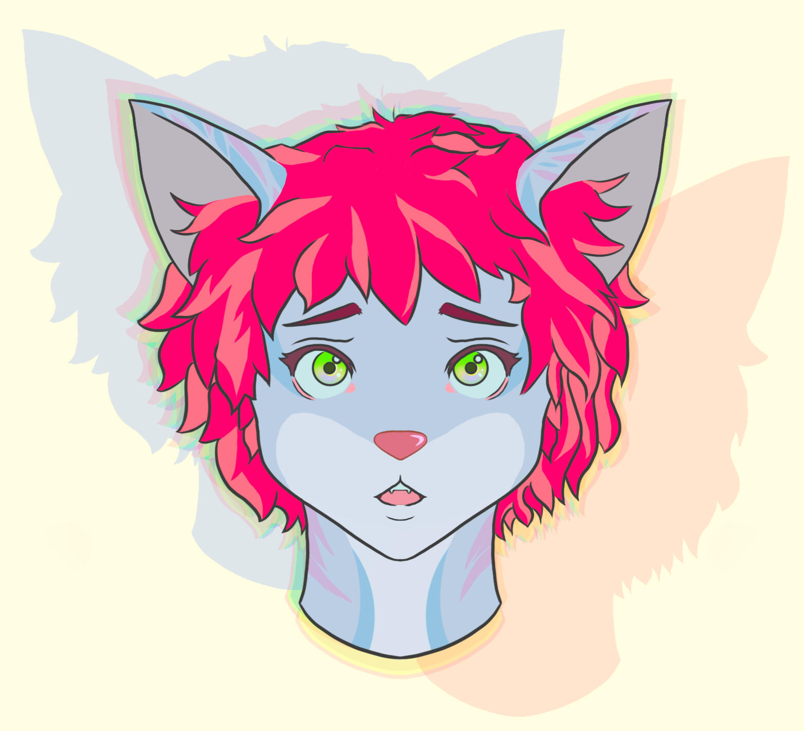 A portrait drawing of an anthro cat, with light blue base fur, green eyes and pink head hair with chromatic background